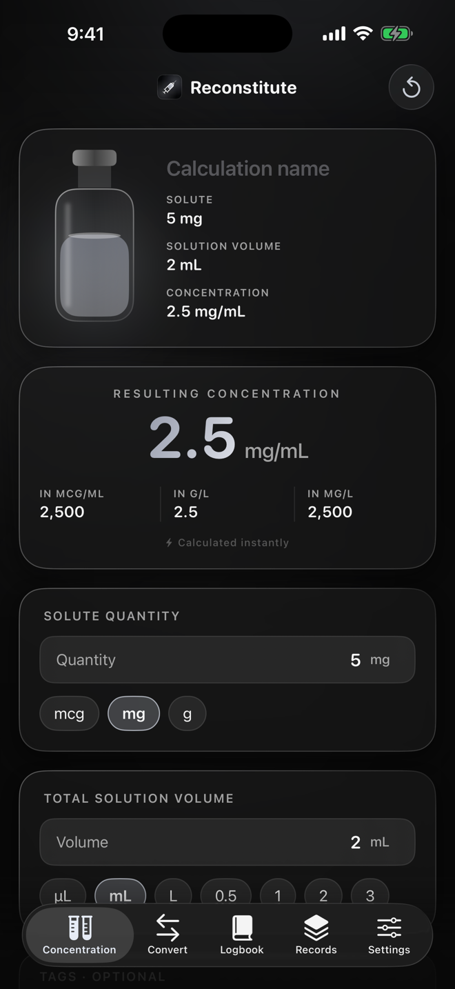 Reconstitute concentration calculator showing an instant mg/mL result