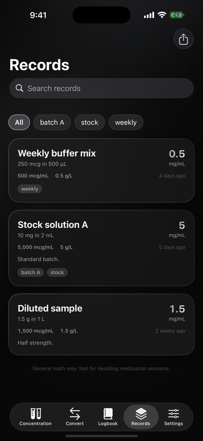 Saved calculation records